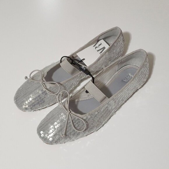 NWT Zara silver sequin ballerina flats with elastic strap and bow detail, 6.5 - Picture 7 of 13